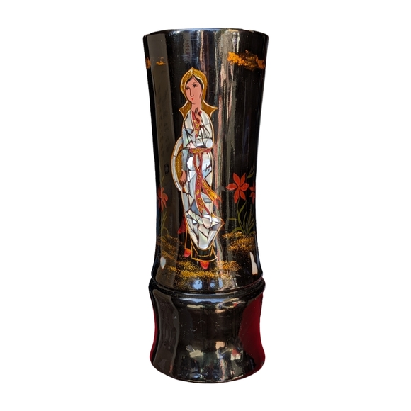 Flying Horse Footed Lacquer Vase with Mother of Pearl Abalone Inlay Hand Painted - Picture 6 of 10